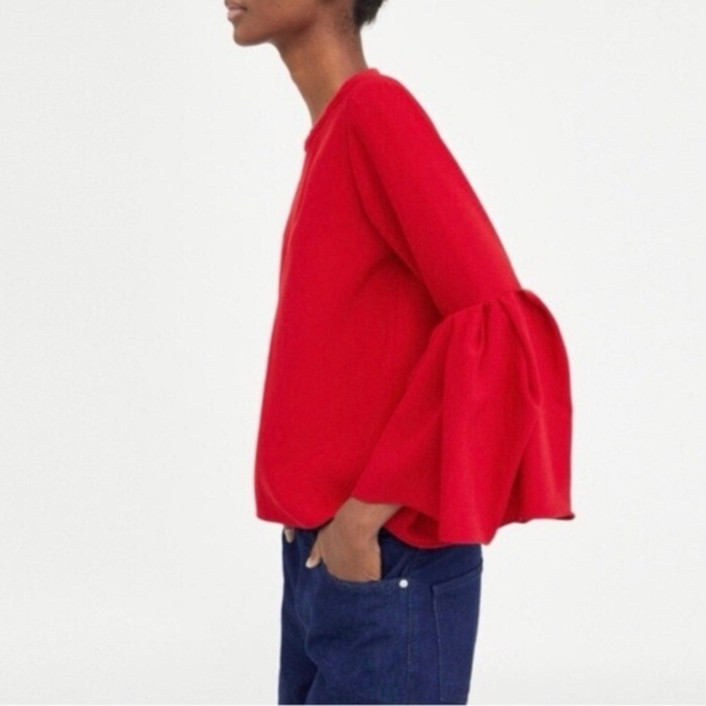 ZARA WOMAN Pleated Flare‎ Ruffle Bell Sleeves Red Blouse Top Size SMALL - Picture 14 of 14